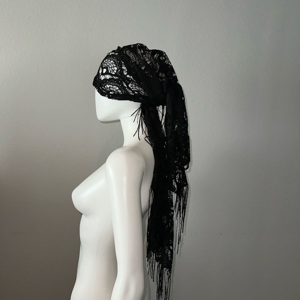 BECCA *Malay* black crochet lace fringe coverup skirt sarong shawl headwrap - Picture 5 of 7